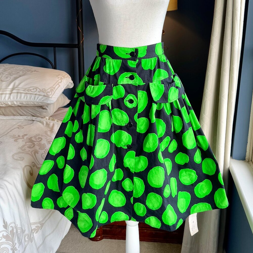 Mouche Black and Green Abstract Limes Full Buttoned Swing Skirt w Pockets